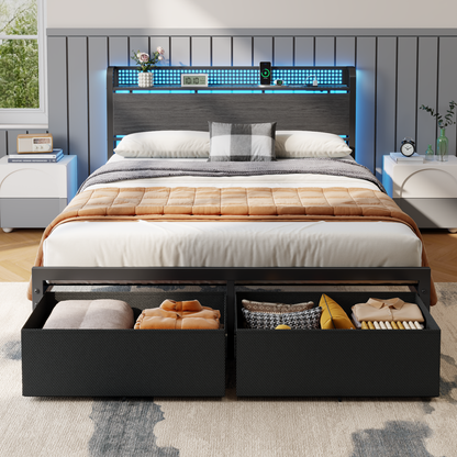 Satifur Queen Bed Frame with 2 Drawers & Storage Headboard, Platform Metal Bed with Charging Station, No Box Spring Needed, Rustic Grey