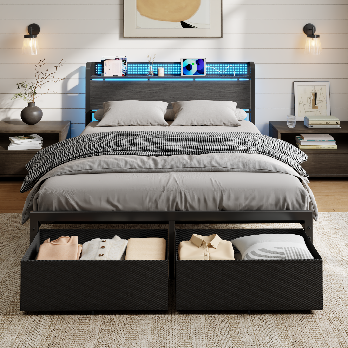 Satifur Queen Bed Frame with 2 Drawers & Storage Headboard, Platform Metal Bed with Charging Station, No Box Spring Needed, Rustic Grey