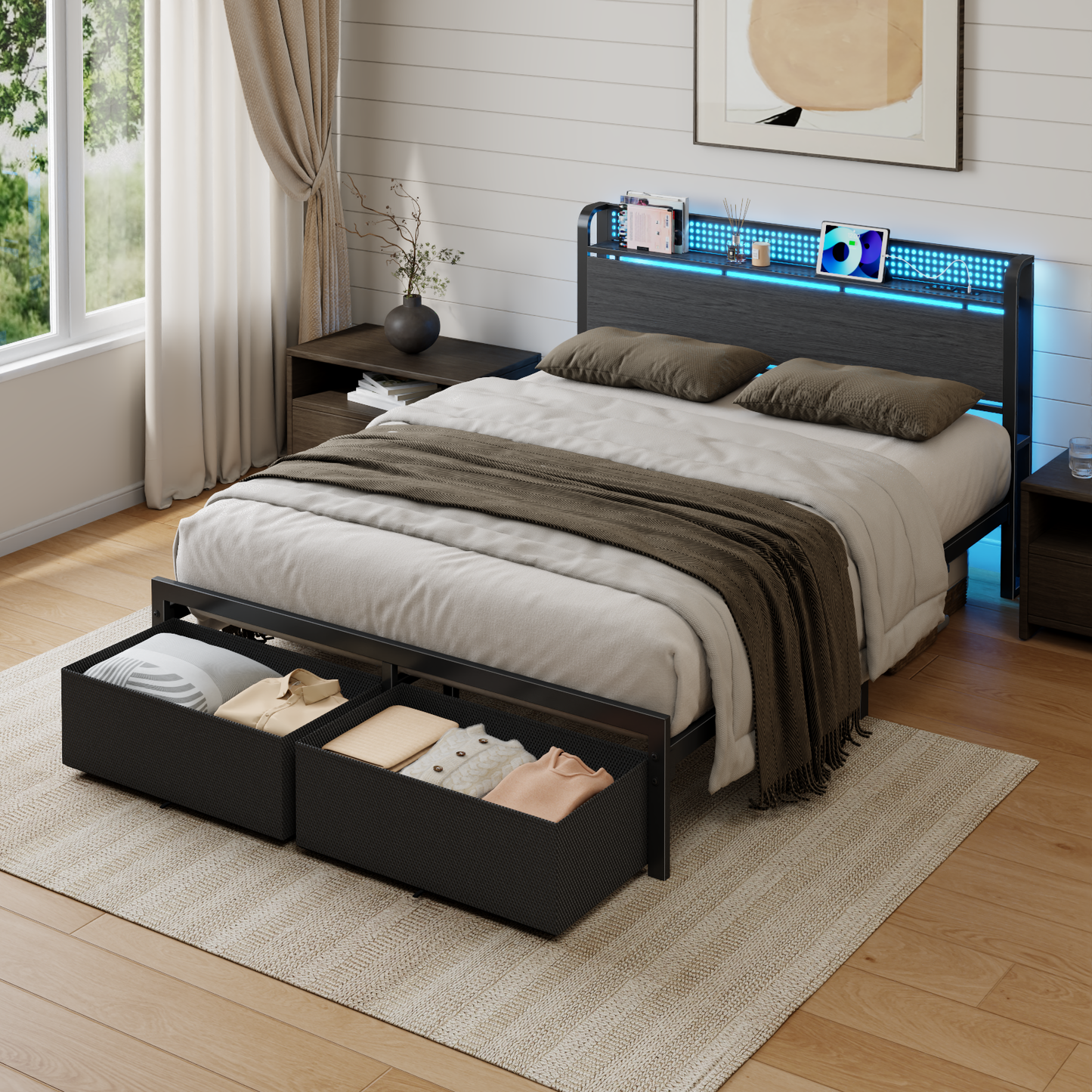 Satifur Queen Bed Frame with 2 Drawers & Storage Headboard, Platform Metal Bed with Charging Station, No Box Spring Needed, Rustic Grey