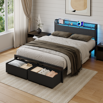 Satifur Queen Bed Frame with 2 Drawers & Storage Headboard, Platform Metal Bed with Charging Station, No Box Spring Needed, Rustic Grey