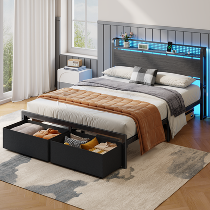 Satifur Queen Bed Frame with 2 Drawers & Storage Headboard, Platform Metal Bed with Charging Station, No Box Spring Needed, Rustic Grey