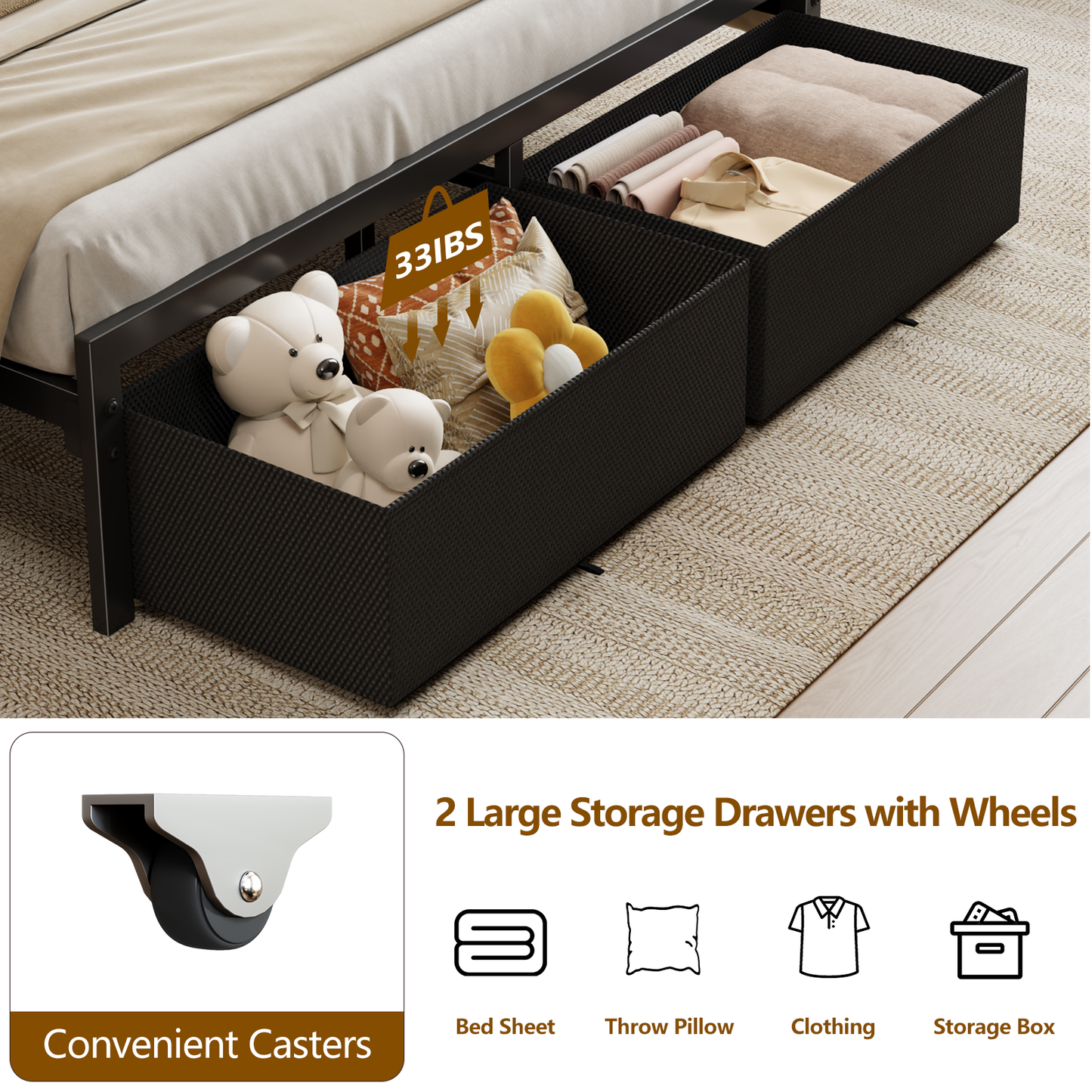 Satifur Queen Bed Frame with 2 Drawers & Storage Headboard, Platform Metal Bed with Charging Station, No Box Spring Needed, Rustic Grey