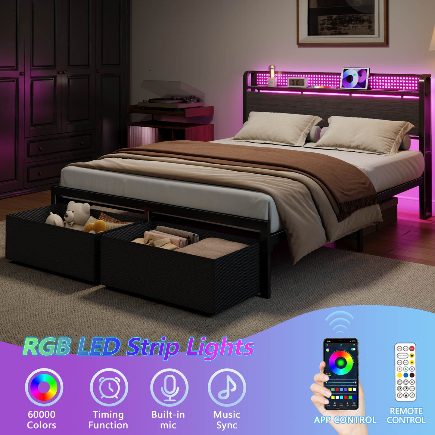 Satifur Queen Bed Frame with 2 Drawers & Storage Headboard, Platform Metal Bed with Charging Station, No Box Spring Needed, Rustic Grey