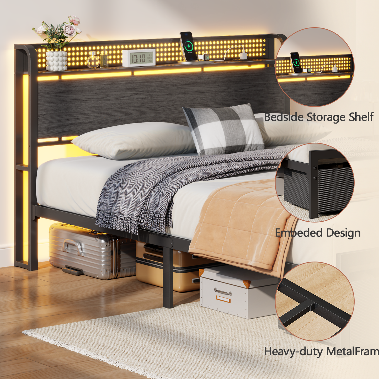 Satifur Queen Bed Frame with 2 Drawers & Storage Headboard, Platform Metal Bed with Charging Station, No Box Spring Needed, Rustic Grey