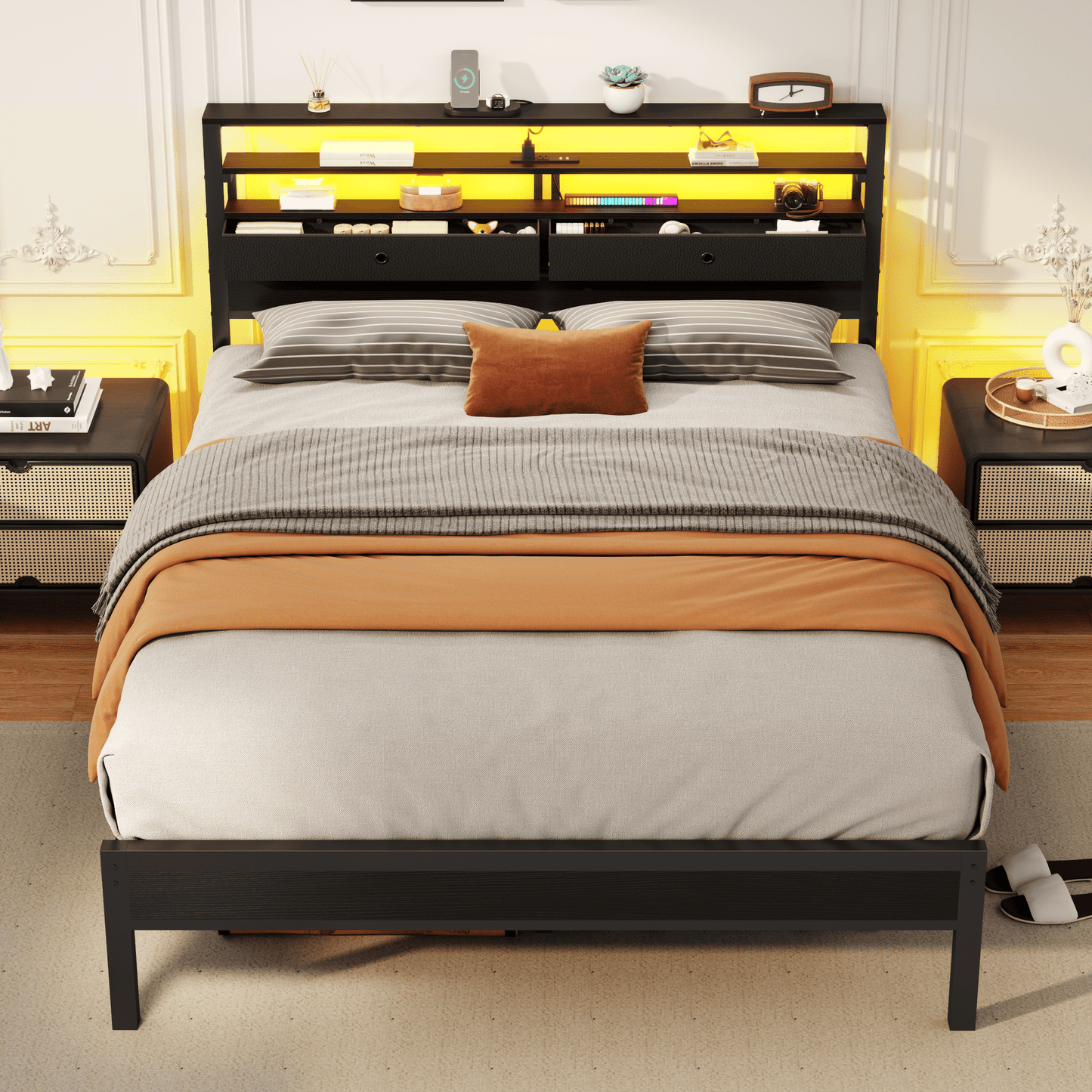 Satifur Queen Size Bed Frame with 2 Storage Drawers Headboard, LED & Charging Station, Black oack