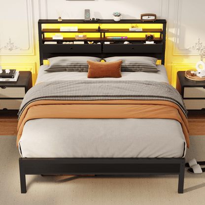 Satifur Queen Size Bed Frame with 2 Storage Drawers Headboard, LED & Charging Station, Black oack