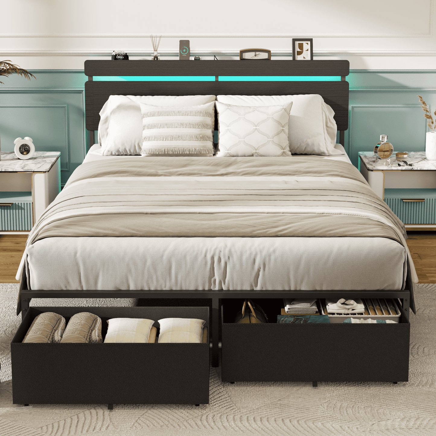 Satifur Queen Size Bed Frame with 2 Drawers & LED Lights & Charging Station, Beds with Headboard & 10.10" Under Bed Storage, No Box Spring Needed, Easy Assembly, Black