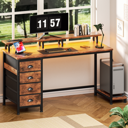 Satifur 47 inch Computer Desk with Power Outlets, Home Office Desk with 4 Drawers, Writing Desk with Removable Monitor Shelf & CPU Stand, Rustic Brown