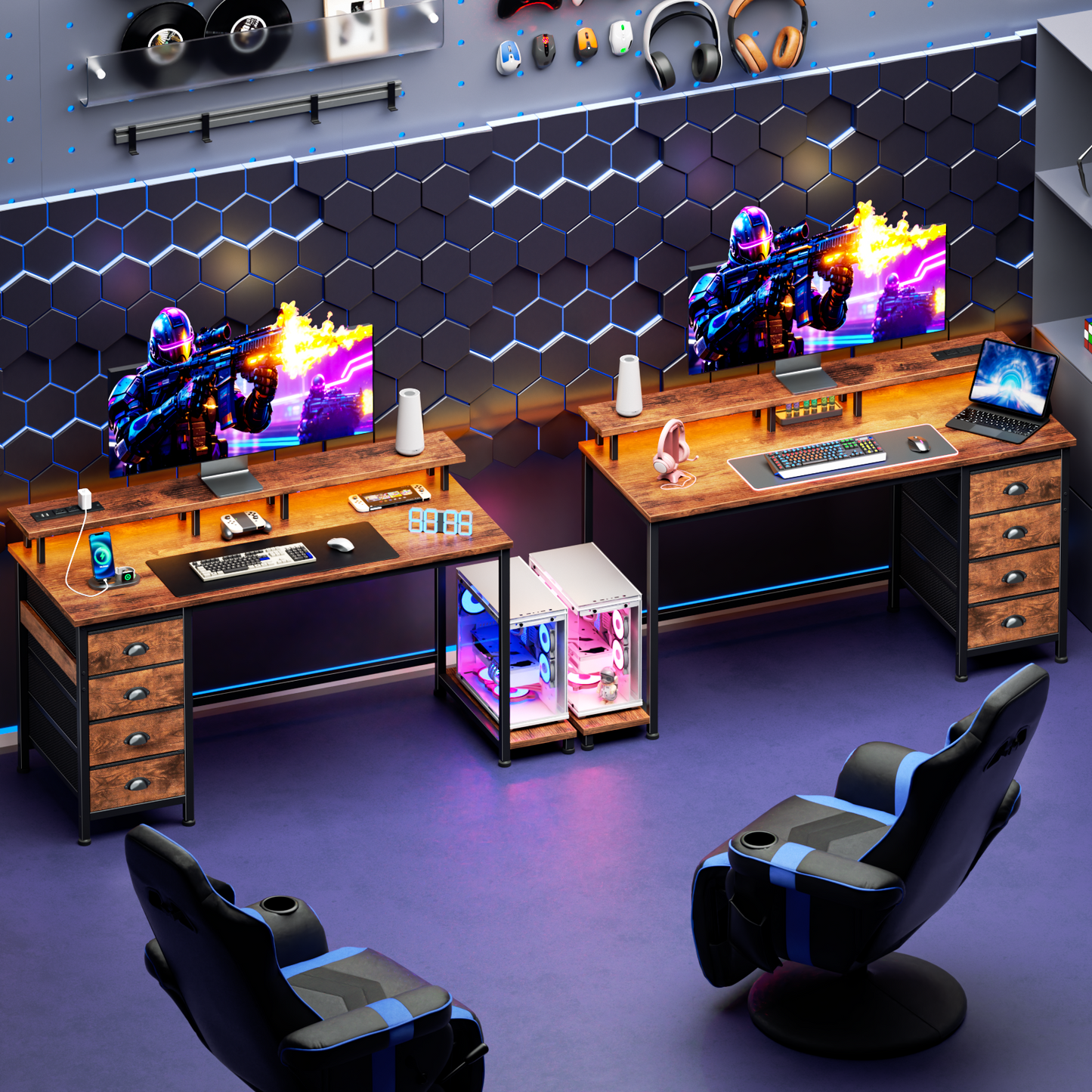 Satifur 47 inch Computer Desk with Power Outlets, Home Office Desk with 4 Drawers, Writing Desk with Removable Monitor Shelf & CPU Stand, Rustic Brown