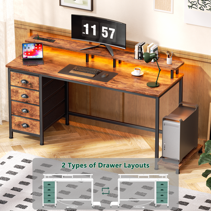 Satifur 55 inch Computer Desk with Power Outlets, Home Office Desk with 4 Drawers, Writing Desk with Removable Monitor Shelf & CPU Stand, Rustic Brown