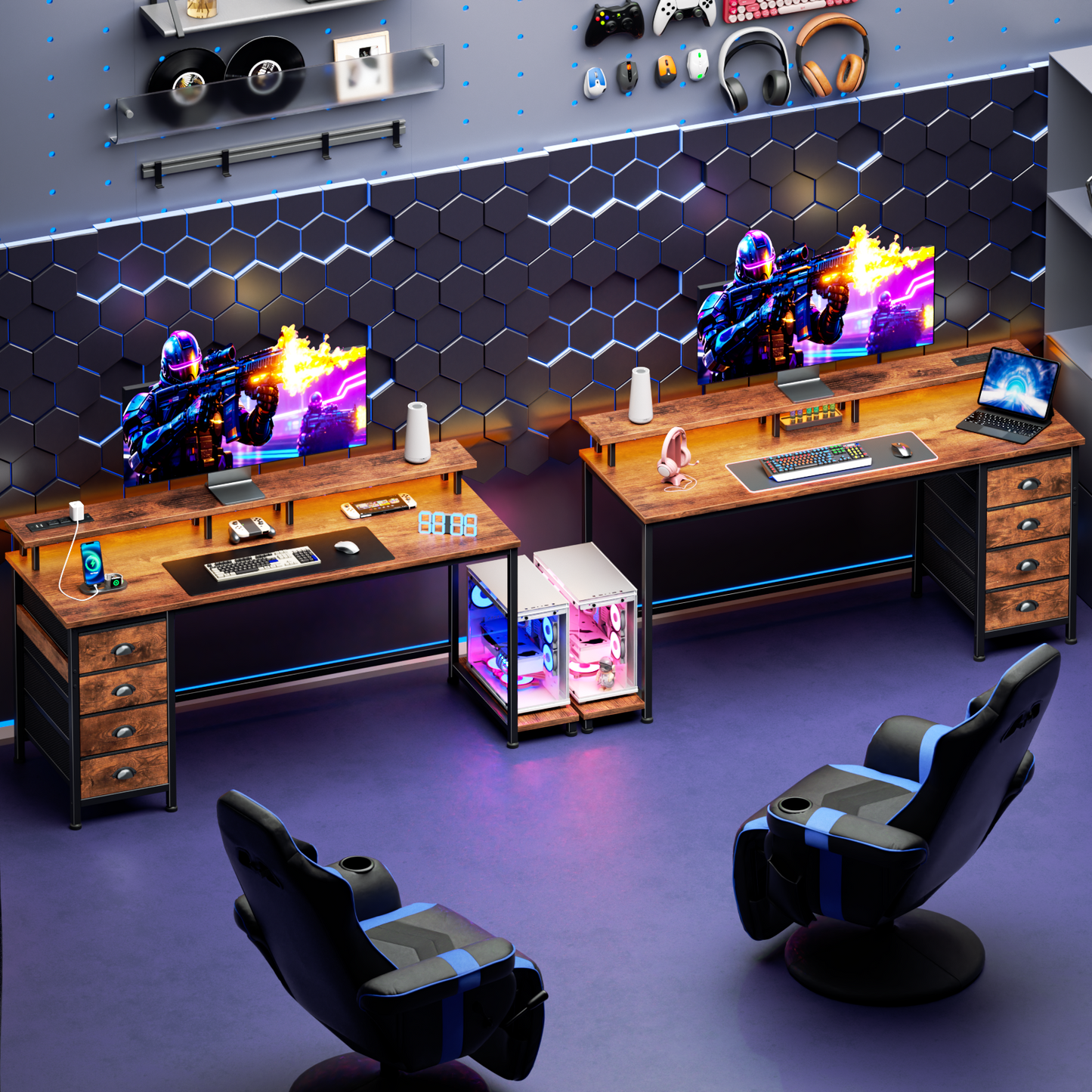 Satifur 55 inch Computer Desk with Power Outlets, Home Office Desk with 4 Drawers, Writing Desk with Removable Monitor Shelf & CPU Stand, Rustic Brown