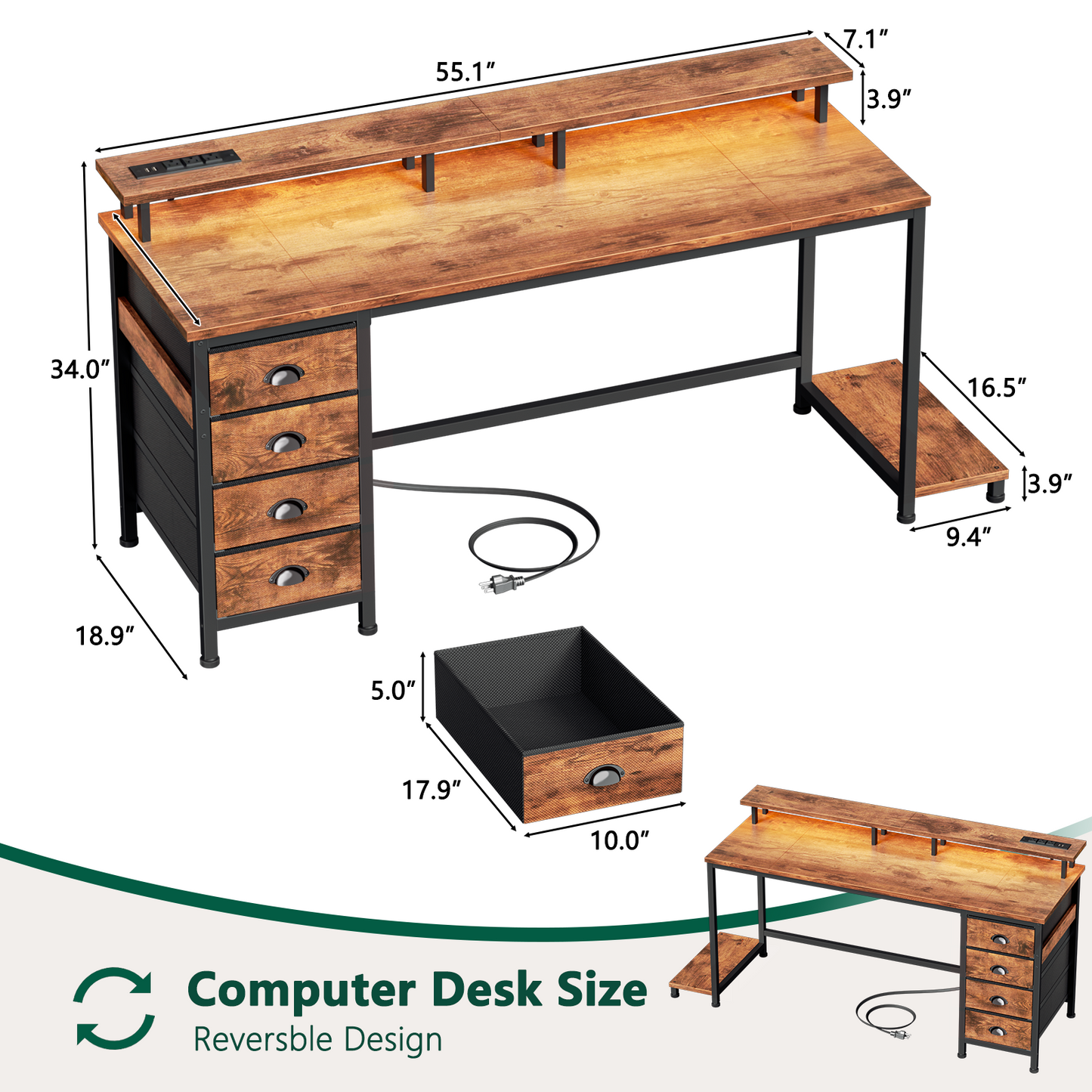 Satifur 55 inch Computer Desk with Power Outlets, Home Office Desk with 4 Drawers, Writing Desk with Removable Monitor Shelf & CPU Stand, Rustic Brown