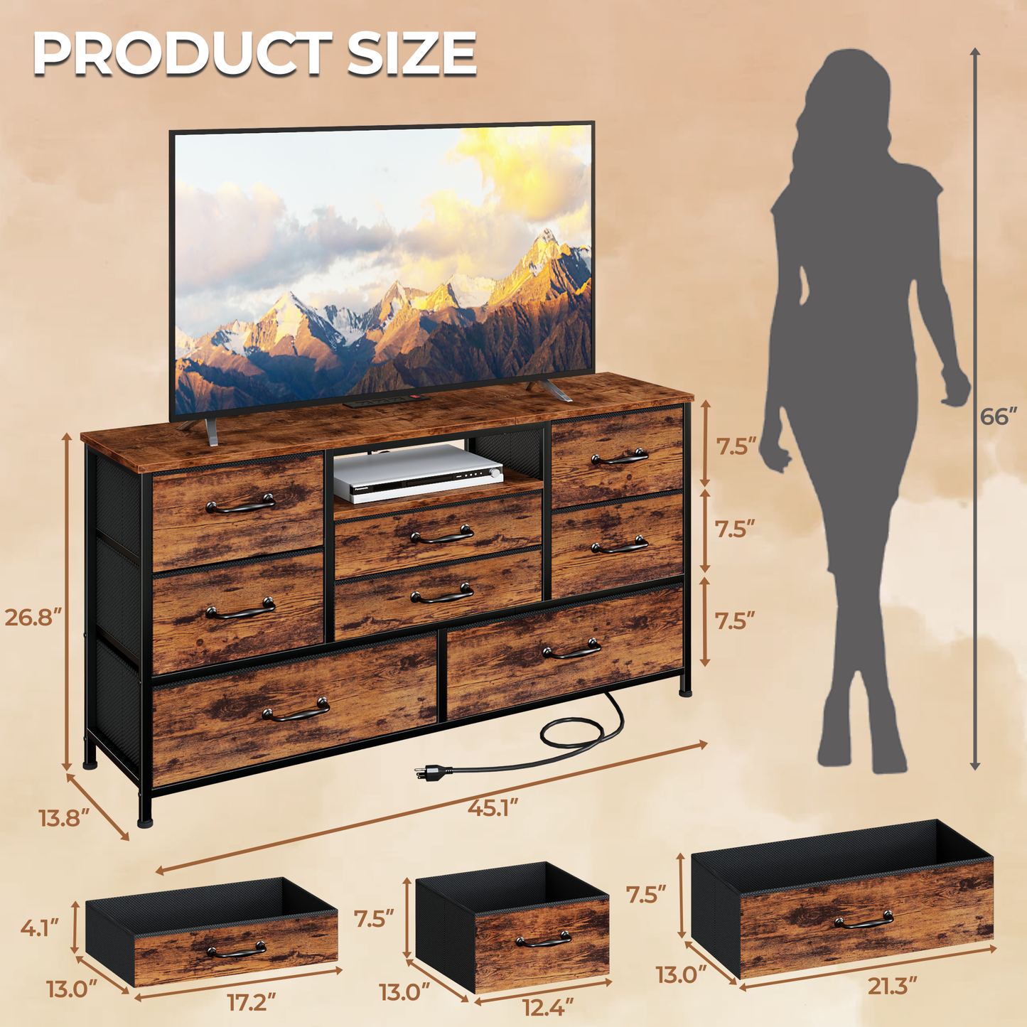 Tydimor TV Stand for TVs up to 55", Media Console for Living Room, Entertainment Center with Cabinet Storage, Rustic Brown