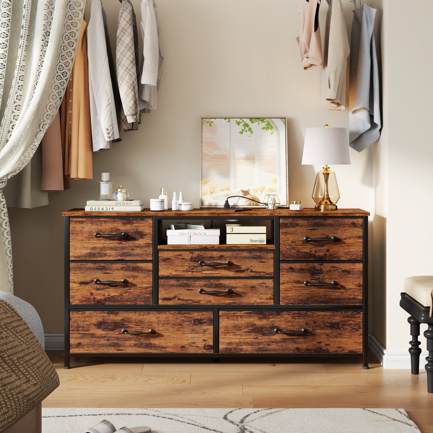 Tydimor TV Stand for TVs up to 55", Media Console for Living Room, Entertainment Center with Cabinet Storage, Rustic Brown