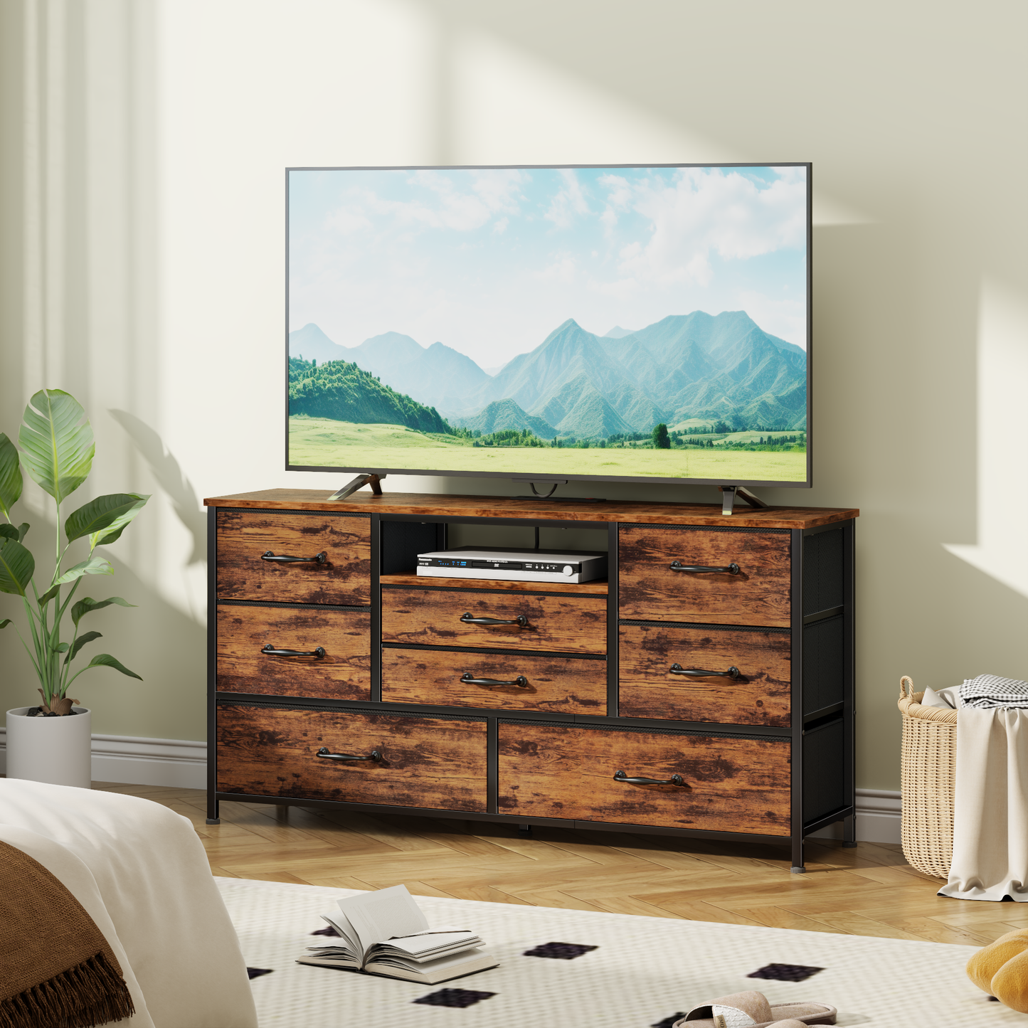 Tydimor TV Stand for TVs up to 55", Media Console for Living Room, Entertainment Center with Cabinet Storage, Rustic Brown