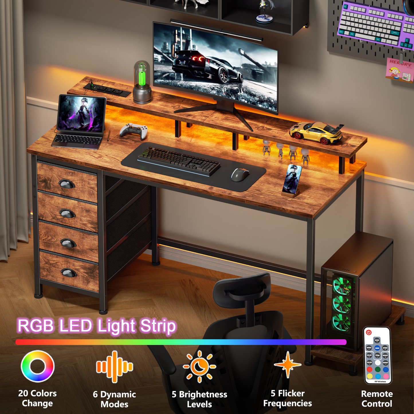 Satifur 47 inch Computer Desk with Power Outlets, Home Office Desk with 4 Drawers, Writing Desk with Removable Monitor Shelf & CPU Stand, Rustic Brown