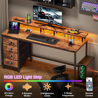 Satifur 55 inch Computer Desk with Power Outlets, Home Office Desk with 4 Drawers, Writing Desk with Removable Monitor Shelf & CPU Stand, Rustic Brown