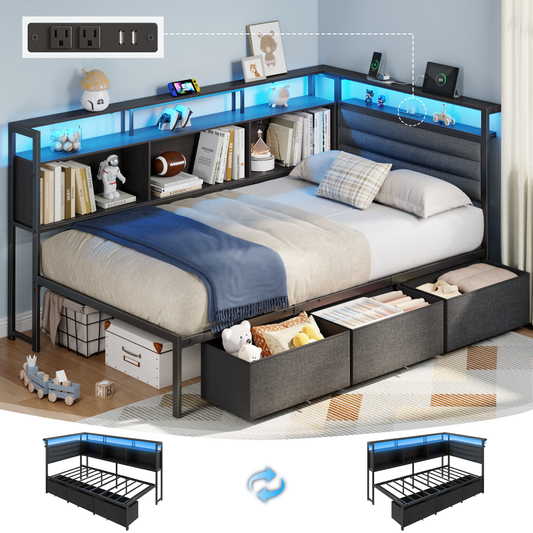 Satifur L-Shaped Corner Bed Frame with 3 Storage Drawers, 3 Cubbies & Double-Layer Shelf, LED Lights & Power Outlet, Corner Twin Beds for Living Room, Bedroom and Guest, Black