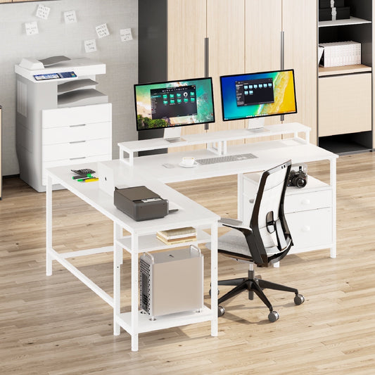 Hexmn Computer Desk, Adult Lap Desks, with Fabric Drawers, File Cabinet, Monitor Stands, 18.9 x 66.14 in, White