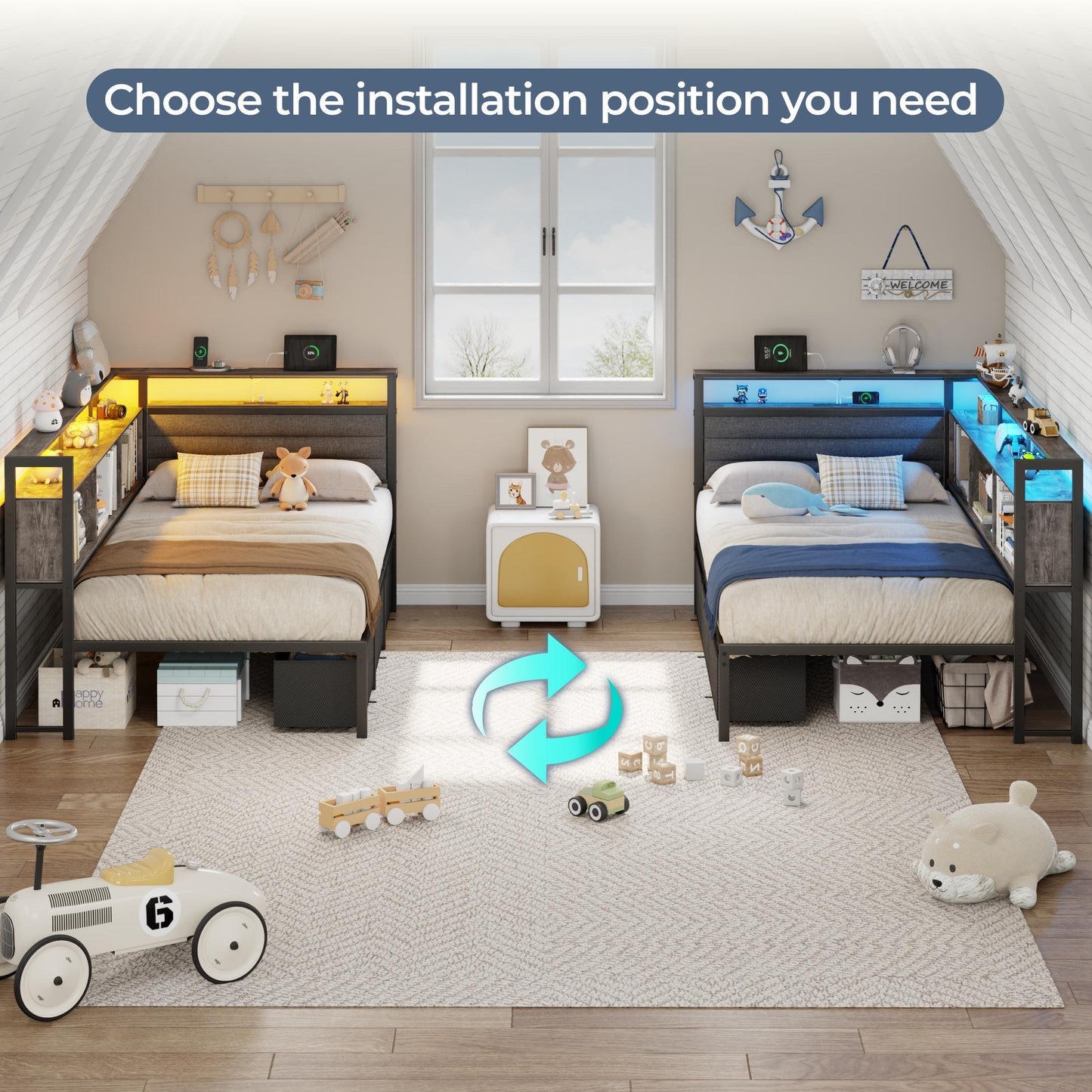 Satifur L-Shaped Corner Bed Frame with 3 Storage Drawers, 3 Cubbies & Double-Layer Shelf, LED Lights & Power Outlet, Corner Twin Beds for Living Room, Bedroom and Guest, Grey Oak