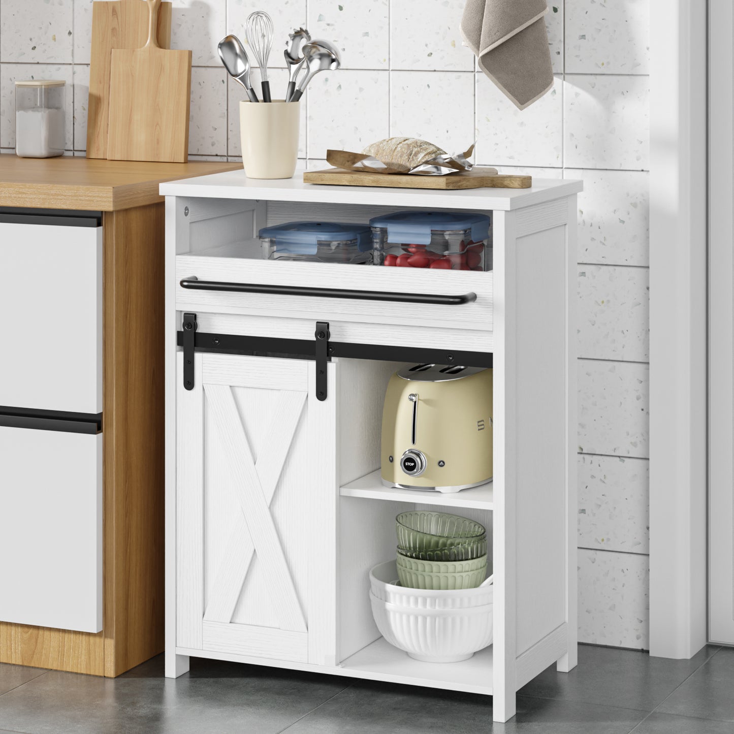 Satifur Farmhouse Storage Cabinet with Adjustable Shelves, Rustic Sideboard for Bathroom Kitchen Living Room