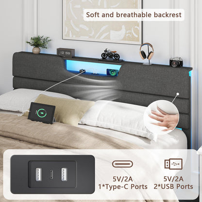 Satifur Dark Gray Bed Frame with Charge Station, King Size Bed Frame with LED Lights & Upholstered Headboard, No Box Spring Needed, Linen Fabric