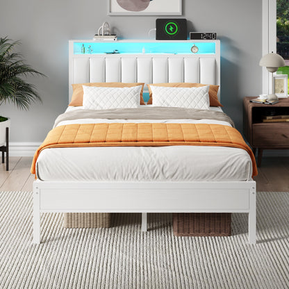 Tydimor Full Bed Frames with LED Lights, Platform Bed with Metal Slats, Headboard with 2-Tier Storage Shelves & Charging Station, No Box Spring Needed, White