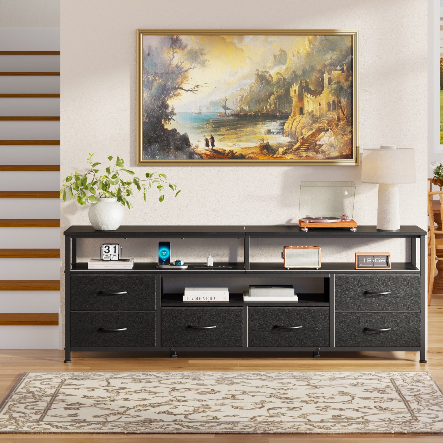 Tydimor 63 Inch TV Stand with LED Lights & Charging Power Station, 6 Fabric Drawer Dresser, Multifunctional Media Console, Sideboard Storage Cabinet, Entryway Hallway Table Fits 32-70 Inch TV, Black