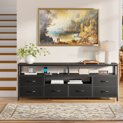 Tydimor 63 Inch TV Stand with LED Lights & Charging Power Station, 6 Fabric Drawer Dresser, Multifunctional Media Console, Sideboard Storage Cabinet, Entryway Hallway Table Fits 32-70 Inch TV, Black