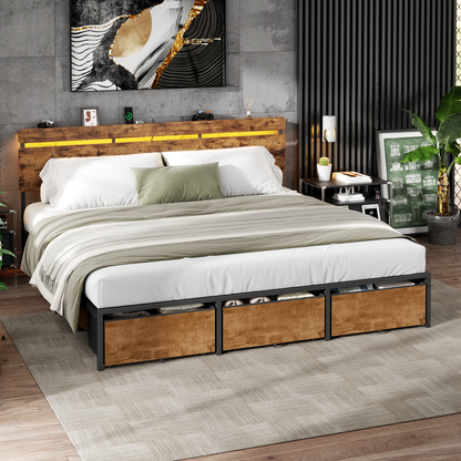 Satifur King Size Bed Frame with 3 Drawers & LED Lights & Charging Station, Beds with Headboard & 10.10" Under Bed Storage, No Box Spring Needed, Easy Assembly, Rustic Brown