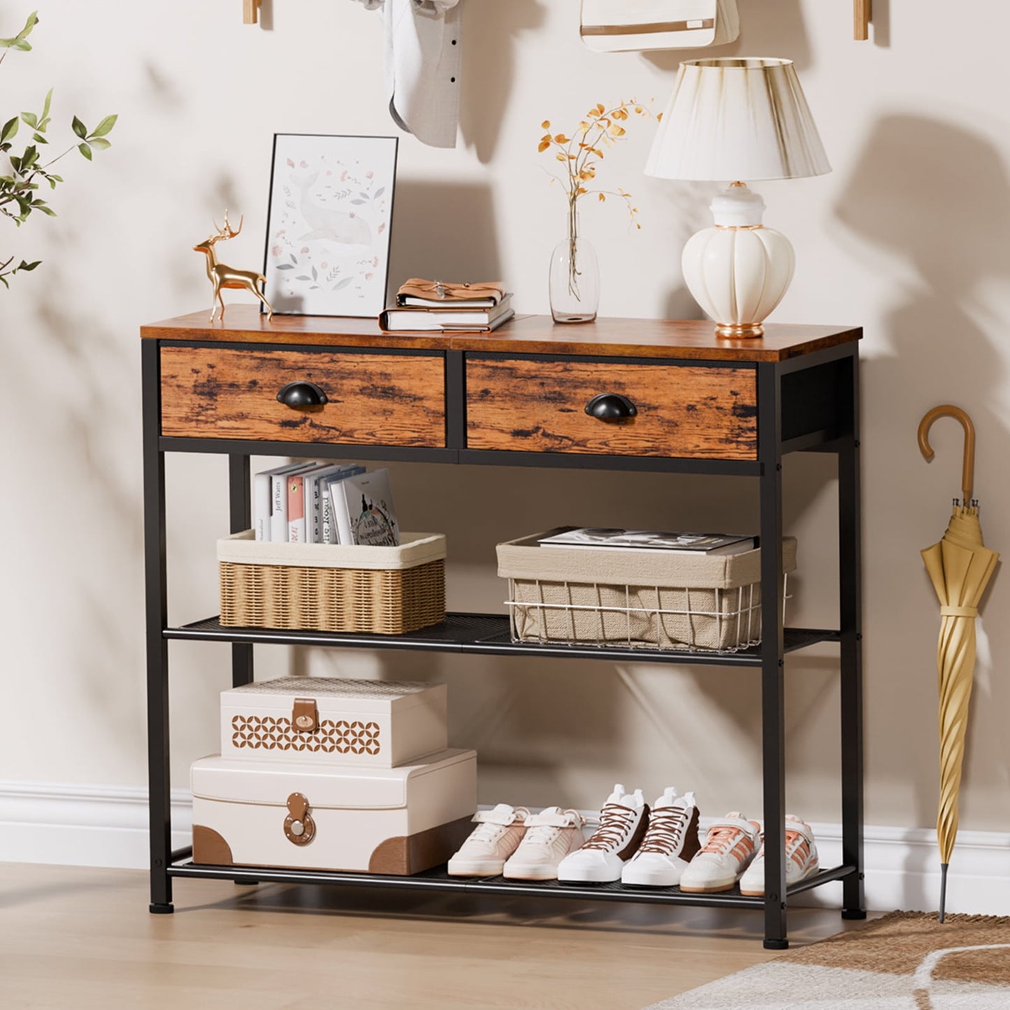 Satifur 30 inch Extra Long Entryway Table with Upgraded Fabric Drawers Console Table Metal Frame with Shelves for Living Room, Hallway