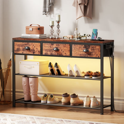 Satifur 38 inch Entryway Table with Power Outlets and Light, Console Table with 3 Fabric Drawers, Hallway Table, Rustic Brown