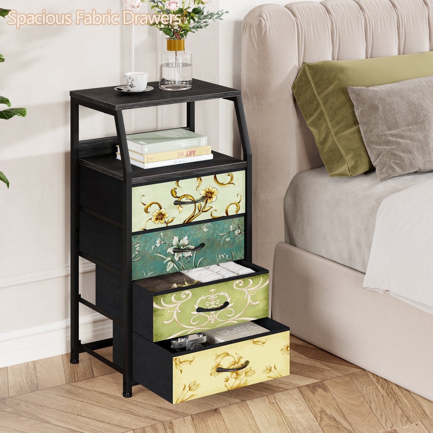 Satifur 4-Drawer Nightstand,Bedside Fabric Dresser Storage Chest of Drawers,Retro Flower