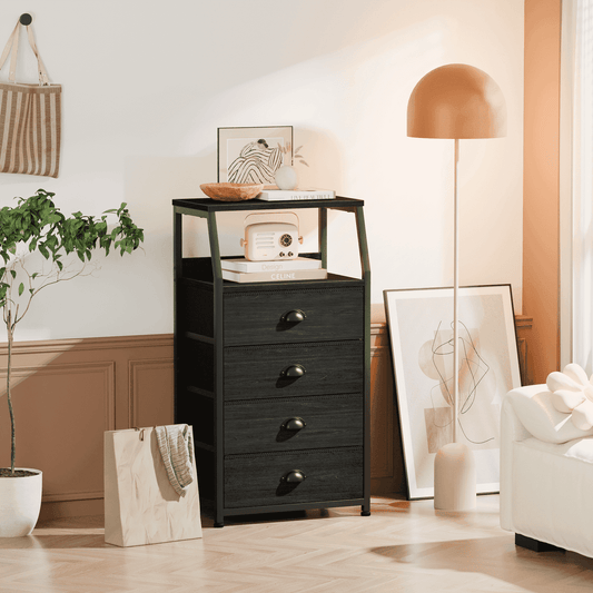 Satifur 4-Drawer Nightstand,Vertical Fabric Dresser Storage End Table,for All Age,Black Oak