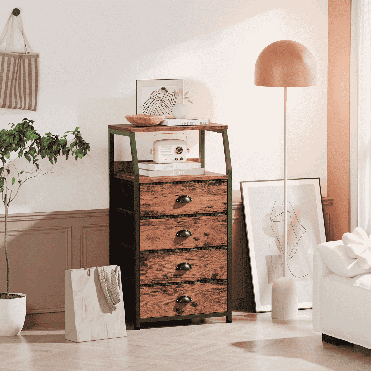 Satifur 4-Drawer Nightstand,Vertical Fabric Dresser Storage End Table,for All Age,Rustic Brown