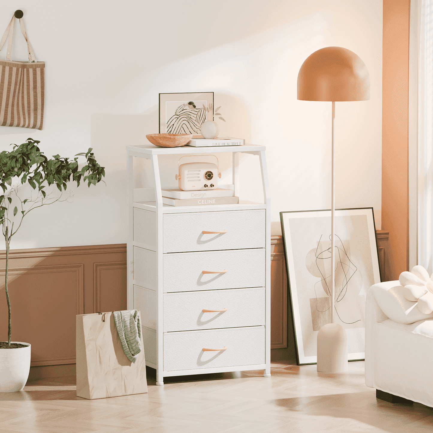 Satifur 4-Drawer Nightstand,Vertical Fabric Dresser Storage End Table,for All Age,White