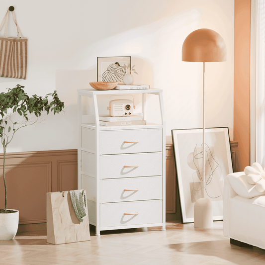 Satifur 4-Drawer Nightstand,Vertical Fabric Dresser Storage End Table,for All Age,White