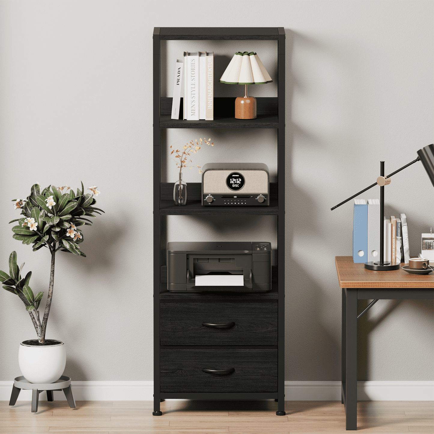 Satifur 4-Tier Bookshelf and Bookcase with 2 Removable Drawers, Narrow Display Shelf for Living Room, Black Oak