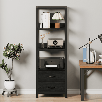 Satifur 4-Tier Bookshelf and Bookcase with 2 Removable Drawers, Narrow Display Shelf for Living Room, Black Oak