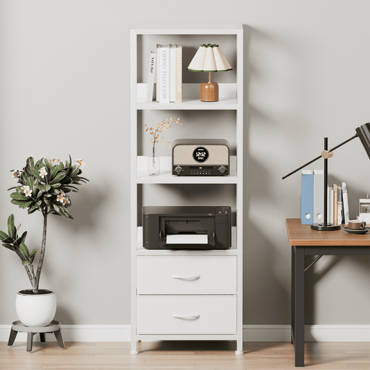 Satifur 4-Tier Bookshelf and Bookcase with 2 Removable Drawers, Narrow Display Shelf for Living Room, White