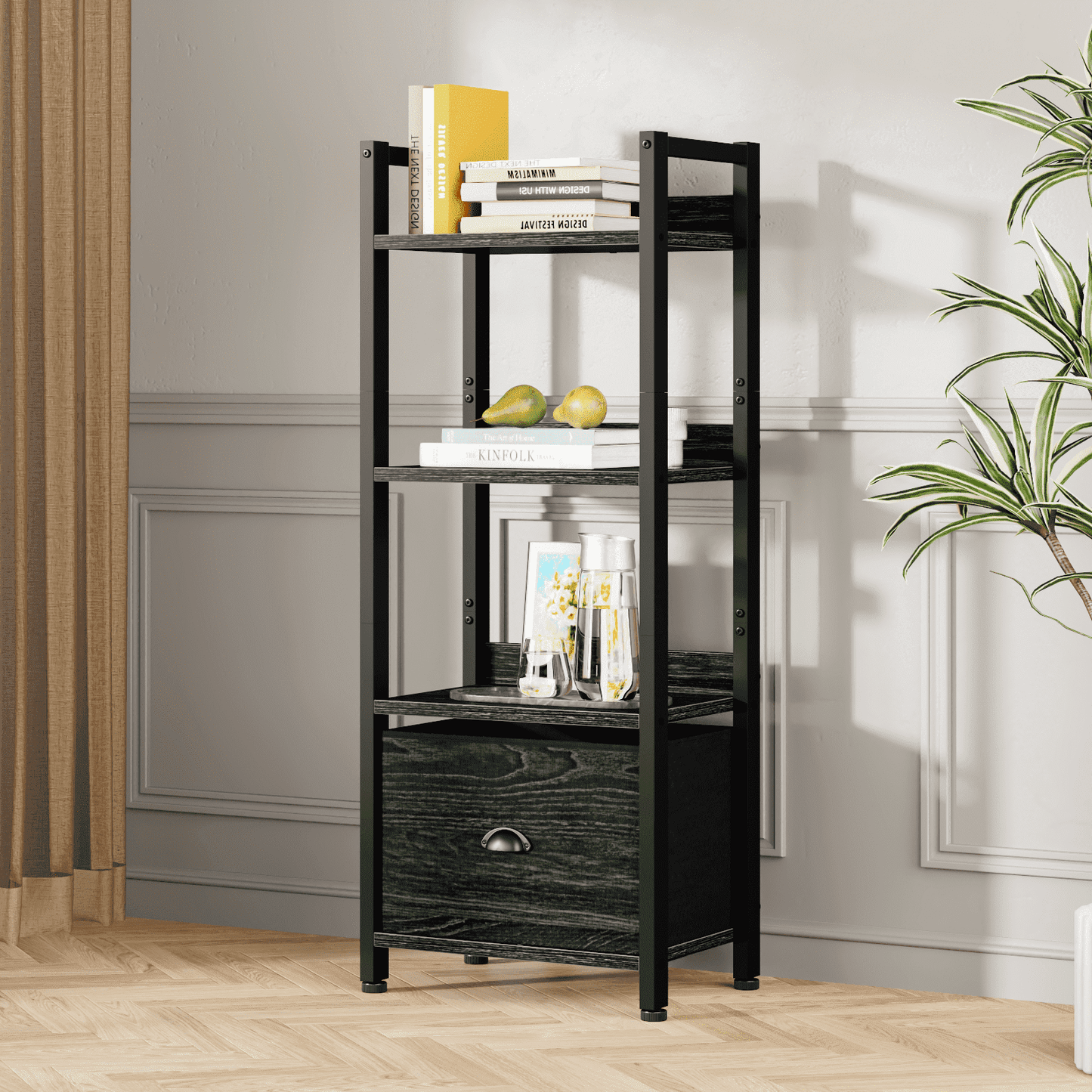 Satifur 4 Tier Ladder Bookcase with Removable Drawer Tall Standing Bookshelf,Black Oak