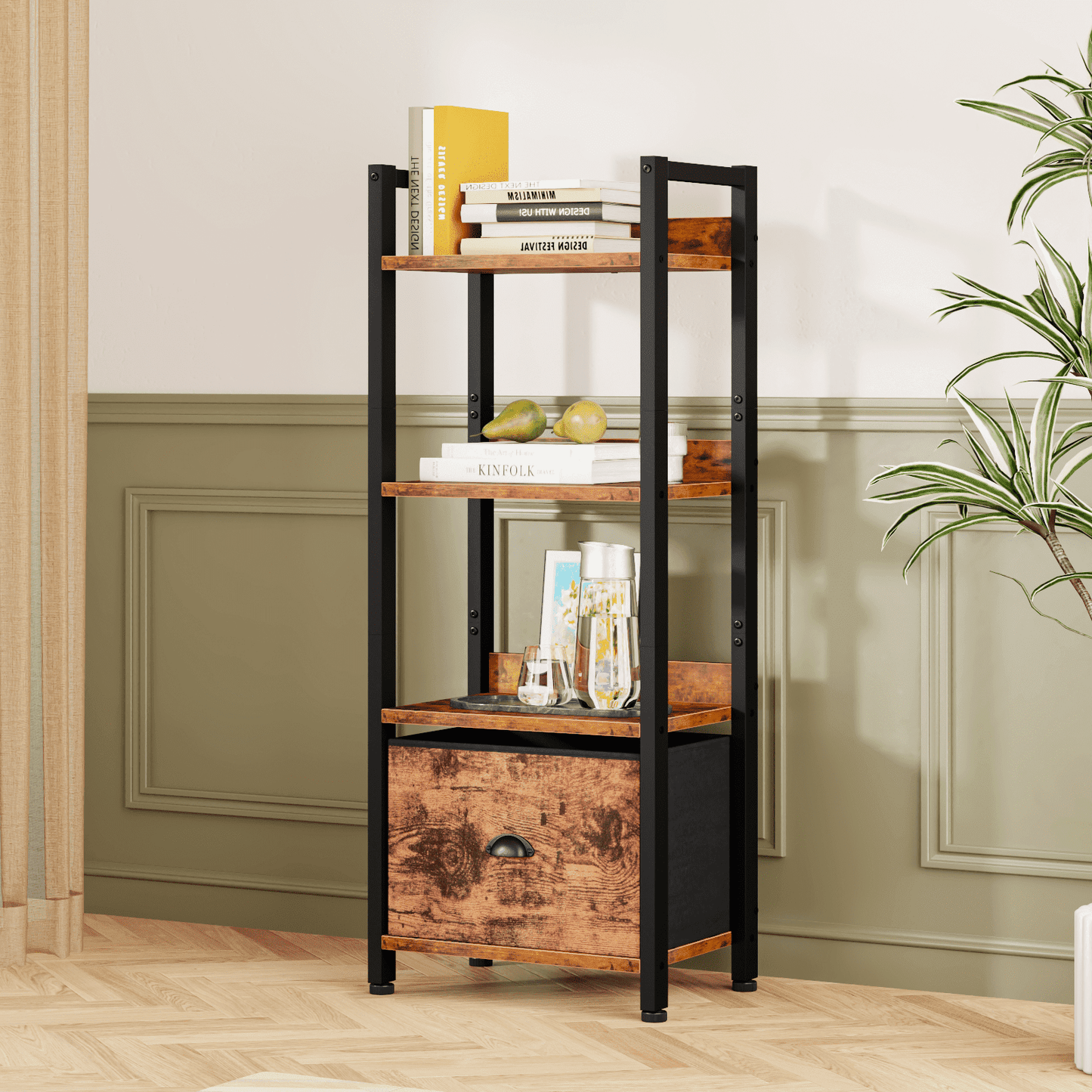 Satifur 4 Tier Ladder Bookcase with Removable Drawer Tall Standing Bookshelf,Rustic Brown