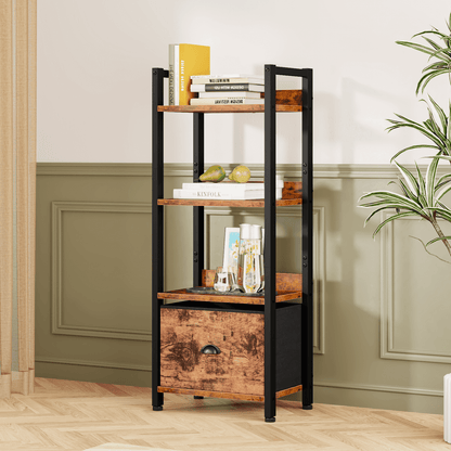 Satifur 4 Tier Ladder Bookcase with Removable Drawer Tall Standing Bookshelf,Rustic Brown