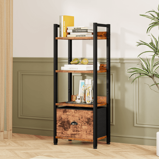 Satifur 4 Tier Ladder Bookcase with Removable Drawer Tall Standing Bookshelf,Rustic Brown