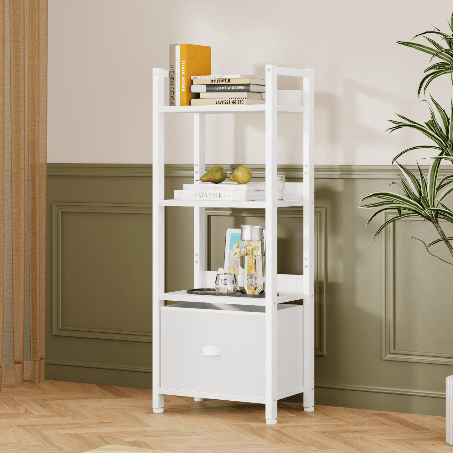 Satifur 4 Tier Ladder Bookcase with Removable Drawer Tall Standing Bookshelf,White