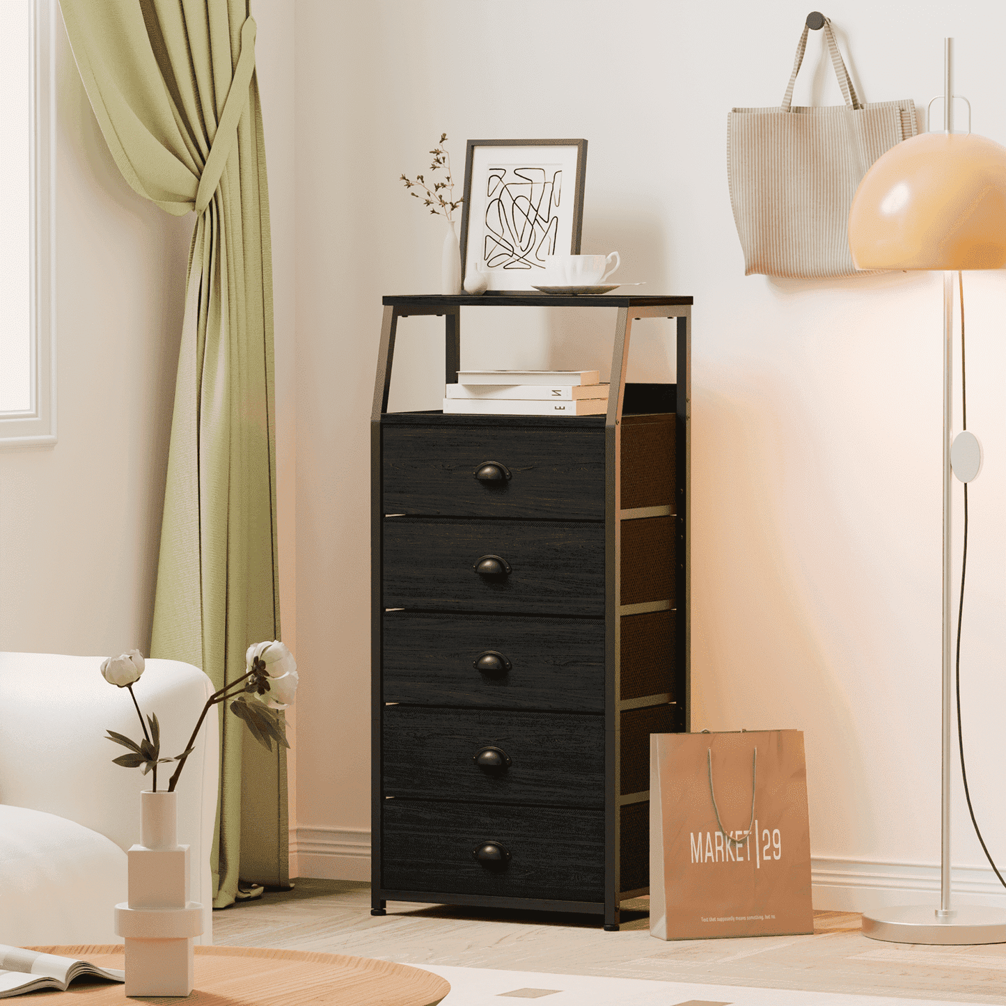 Satifur 5-Drawer Nightstand,Tall Fabric Dresser Storage End Table,Metal Frame,for All Age,Black Oak