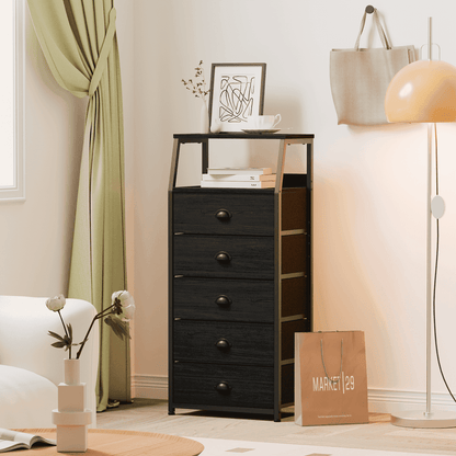 Satifur 5-Drawer Nightstand,Tall Fabric Dresser Storage End Table,Metal Frame,for All Age,Black Oak