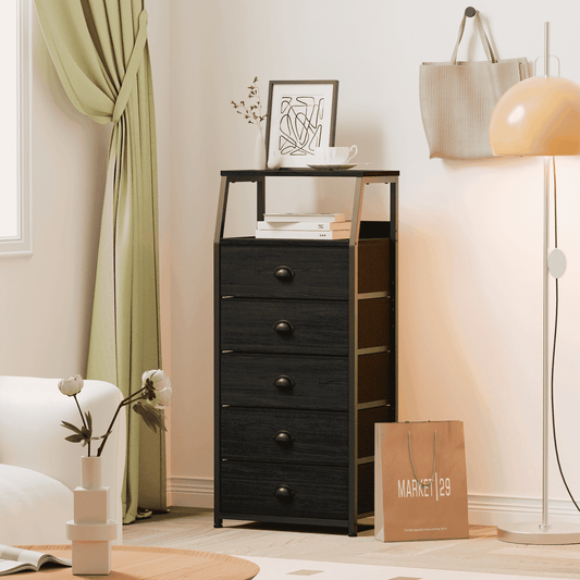 Satifur 5-Drawer Nightstand,Tall Fabric Dresser Storage End Table,Metal Frame,for All Age,Black Oak