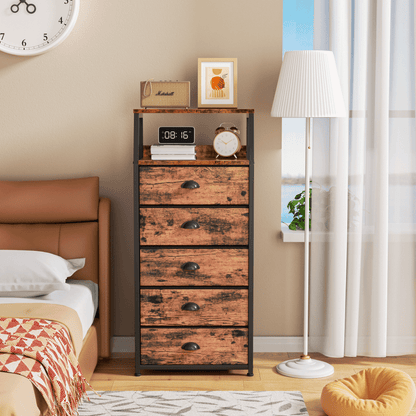 Satifur 5-Drawer Nightstand,Tall Fabric Dresser Storage End Table,Rustic Brown