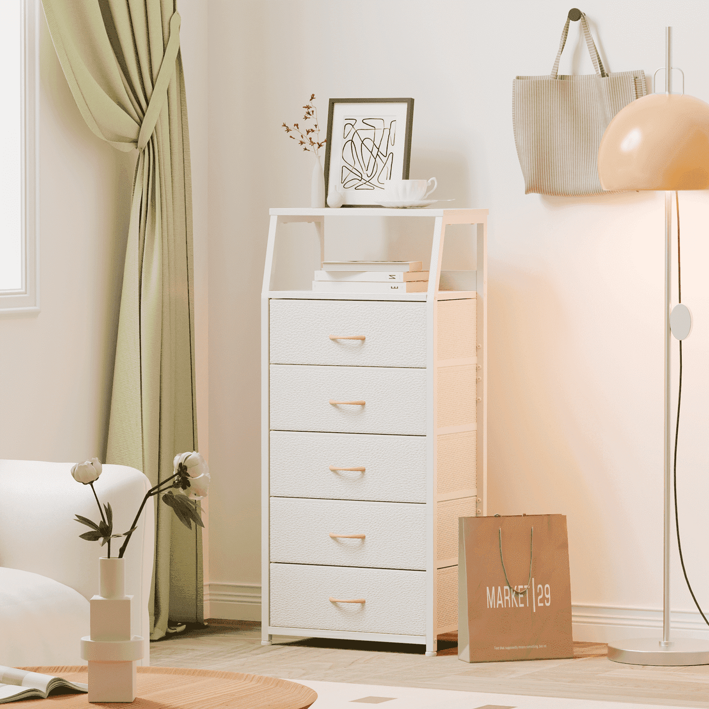 Satifur 5-Drawer Nightstand,Tall Fabric Dresser Storage End Table,for All Age,Metal Frame,White